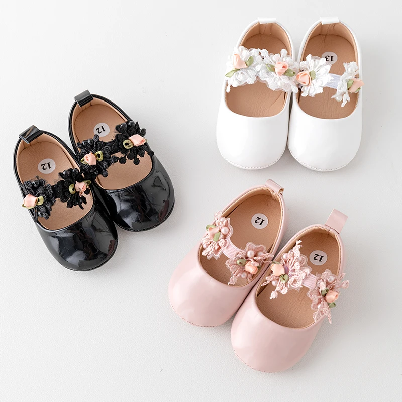 EWODOS Baby Girl Premium PU Flat Infant Flower First Walker Crib Shoes for Party Festival Baby Shower Baby Casual Princess Shoes