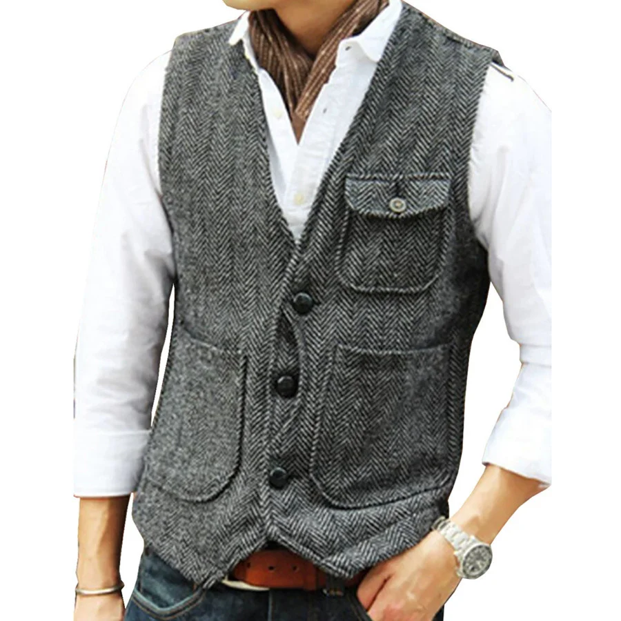 

2026 New Men Pockets Single Breasted V Neck Vests Business Casual Waistcoat Slim Fit Wedding Sleeveless Jacket Formal Vest