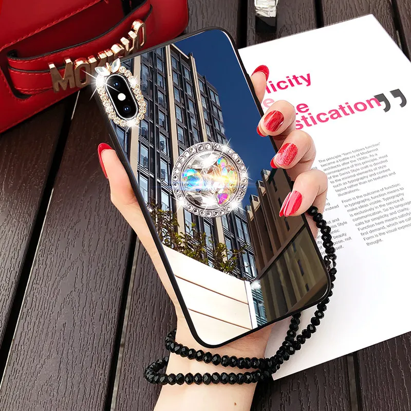 Mirror Rhinestone Makeup Women Phone Case For iPhone 16 15 Pro Max 15 Plus 15 Pro Diamond Finger Ring Cover