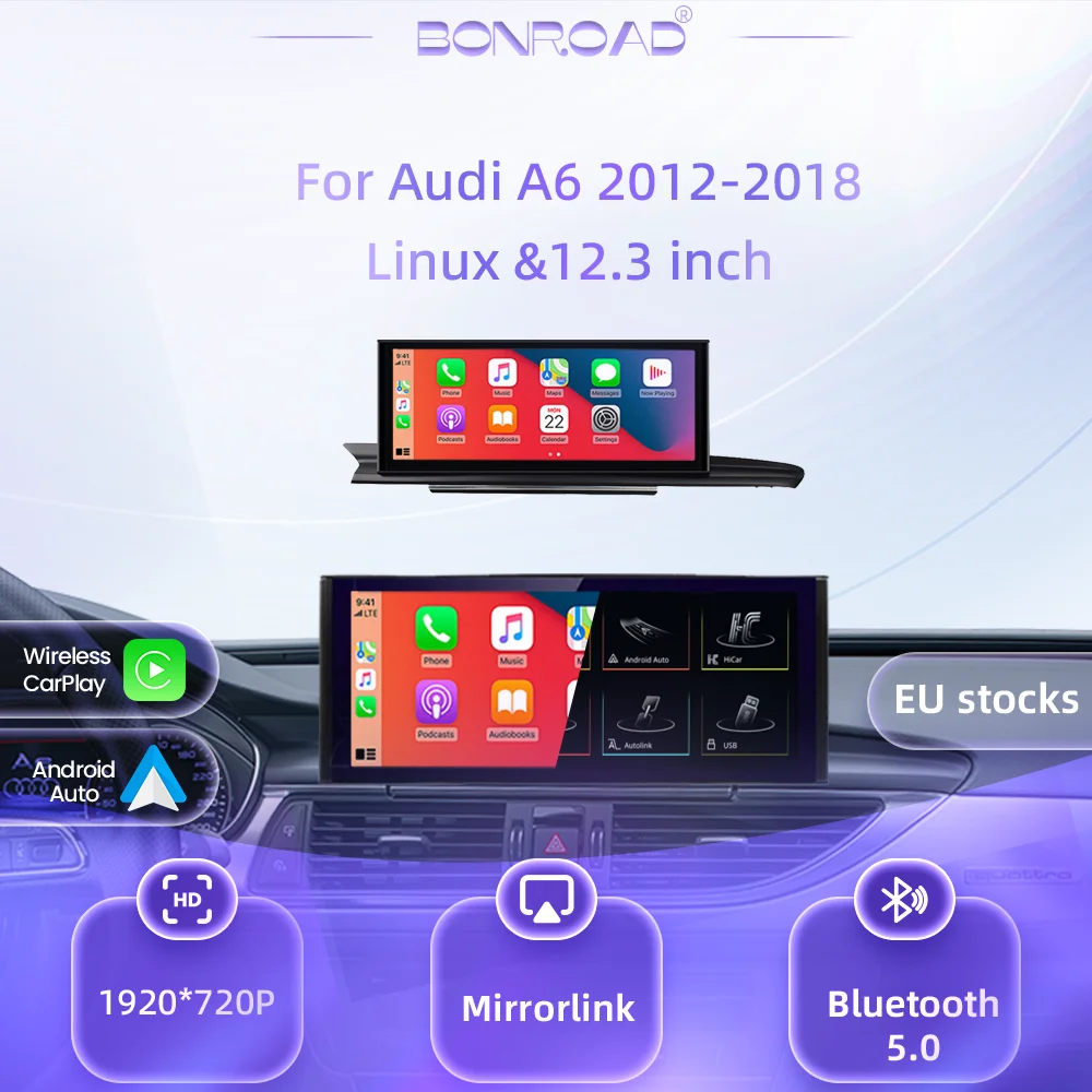 BONROAD Schermo Touch Multimediale Linux da 12,3 Pollici 1920*720 per Audi A6 A7 C7 2012-2018 con Apple CarPlay Wireless, Android Auto, Airplay, Autoradio, Stereo, Navigazione GPS, Mirroring, Airplay,