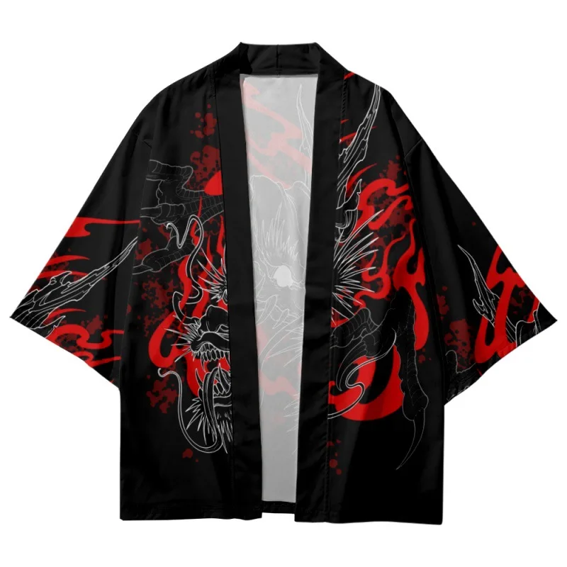 Summer Japanese Cartoon Dragon Printed Black Traditional Kimono Beach Shorts Couple Women Men Streetwear Cardigan Yukata