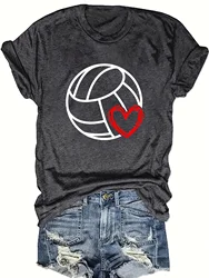 Volleyball print t-shirt, short sleeve crew neck casual top for summer & sprng, women's clothing