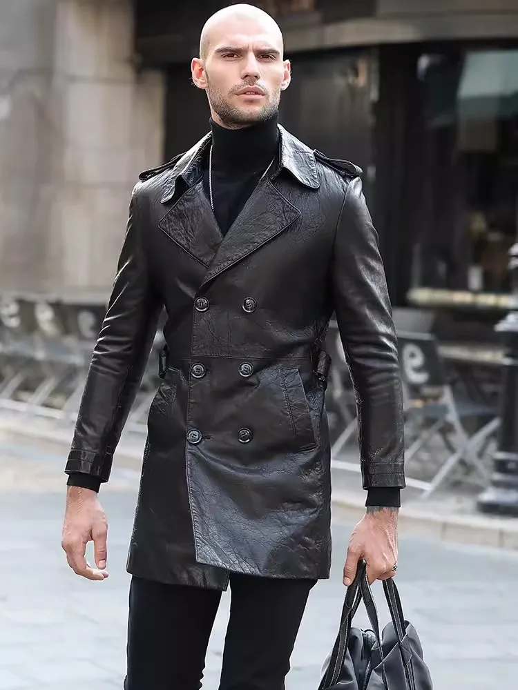 Business Men Work Double Breasted Slim Fit Oil Wax Sheepskin Trench Coat Autumn Long Luxury Genuine Leather Jacket Windbreaker