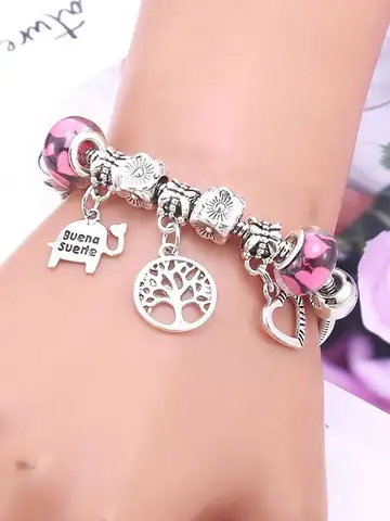 Pink Charm Bangle Lobster Buckle Snake Chain Beaded Bangles For Women Summer Romantic Gift Fashion Butterfly Bracelet Jewelry