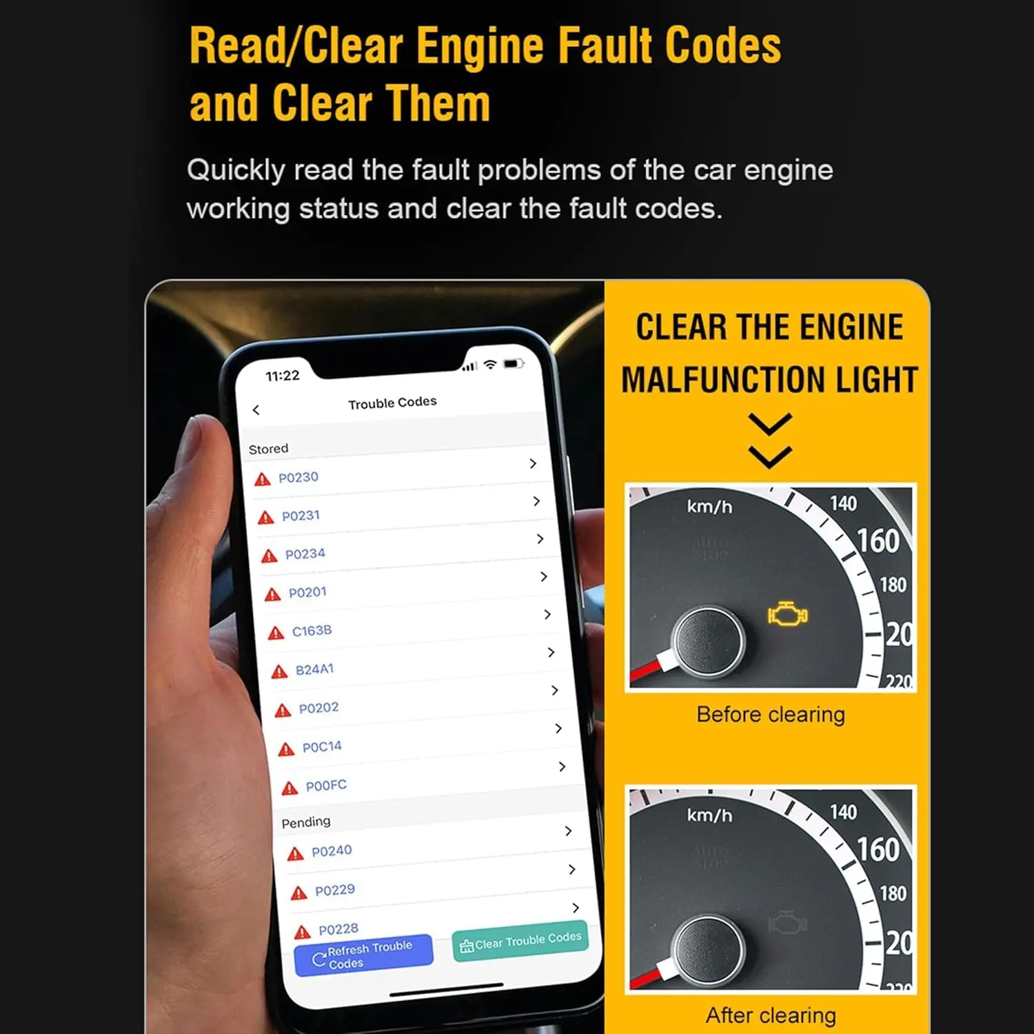 ماسح ضوئي بلوتوث OBD2 للسيارات - قارئ رمز لاسلكي لهواتف iPhone/Android، قراءة/واضح رموز الخطأ والبيانات المباشرة، تطبيق مجاني