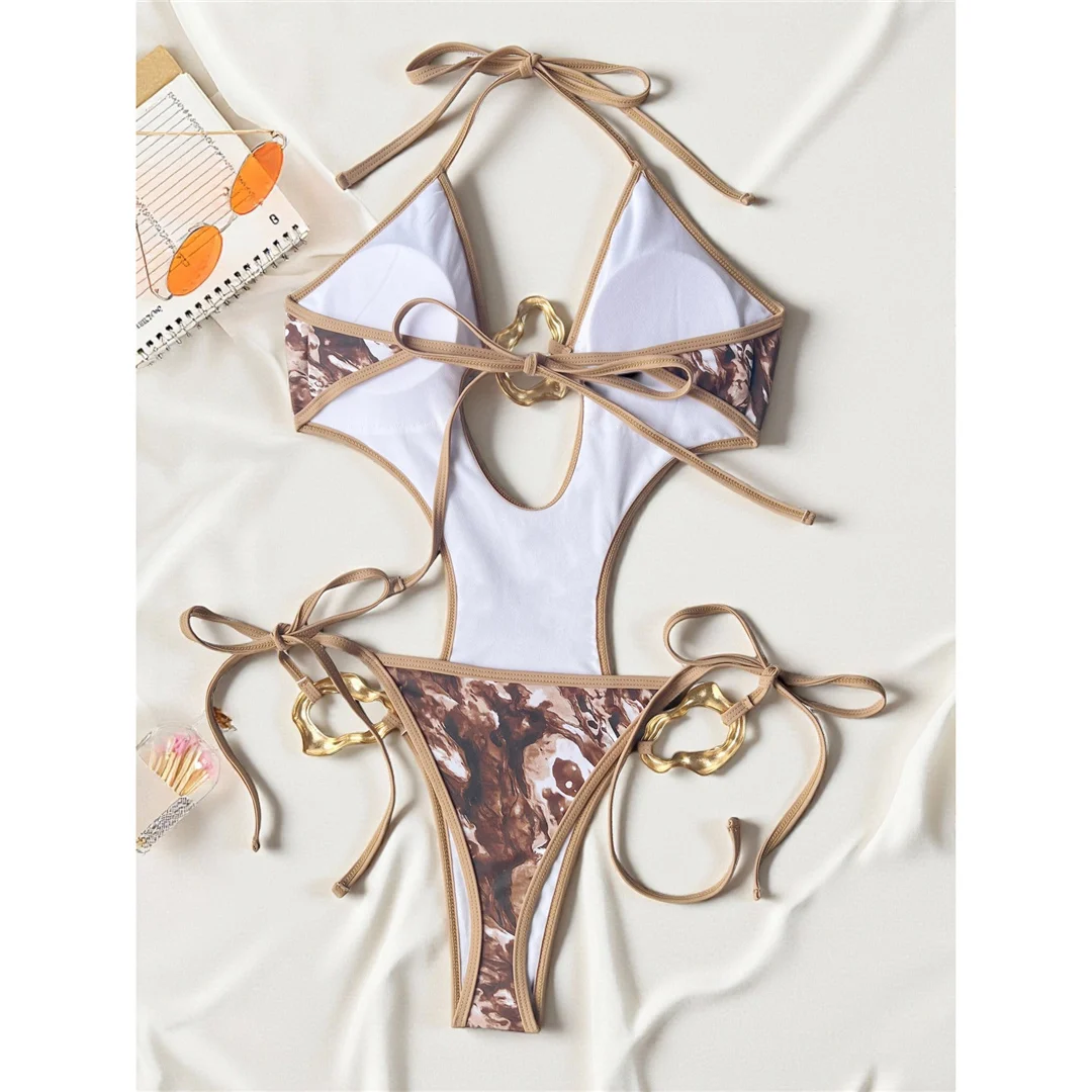 Leopard-Ausschnitt-Neckholder-Badeanzug, einteiliger Badeanzug für Damen, rückenfreier Monokini-Badeanzug mit hohem Beinausschnitt, Badebekleidung, Badeanzug, Modell V7709 – Detail 4