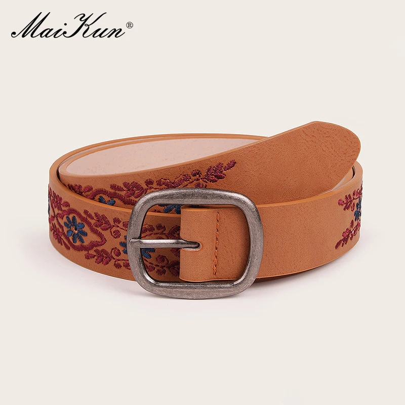 Maikun Vintage Women\'s Ethnic Embroidered Belt Floral Ladies Distressed Design Square Buckle PU Belt