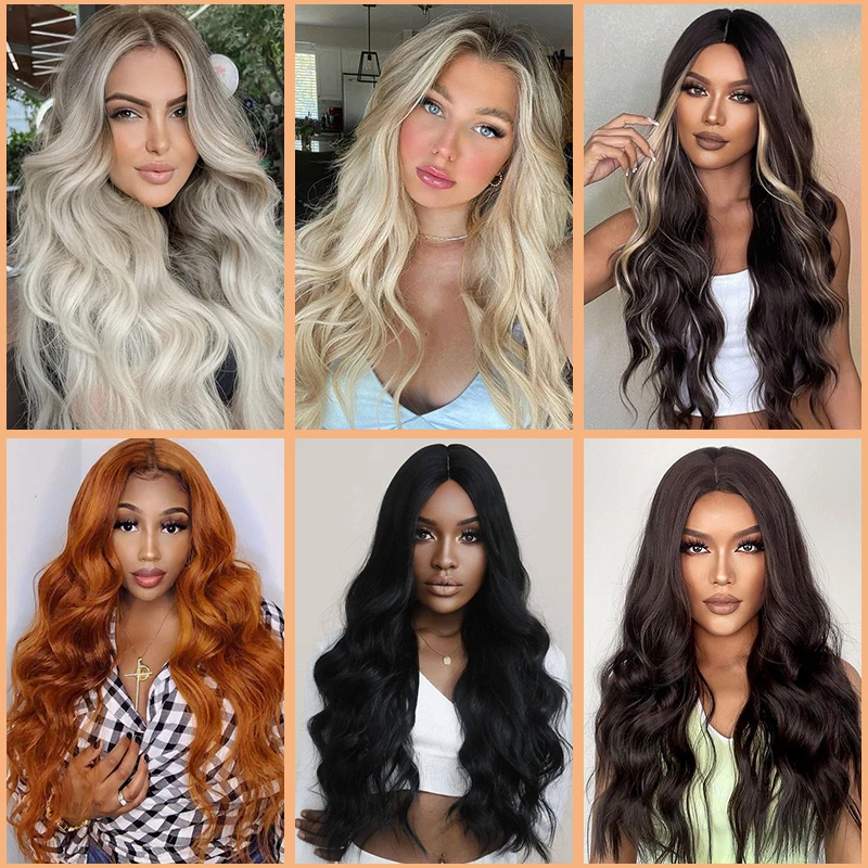 Ombre Blond Wavy Wig for Women Daily Party Long Water Wave Synthetic Hair Wigs 26 Inch Natural Heat Resistant Middle Part Wig