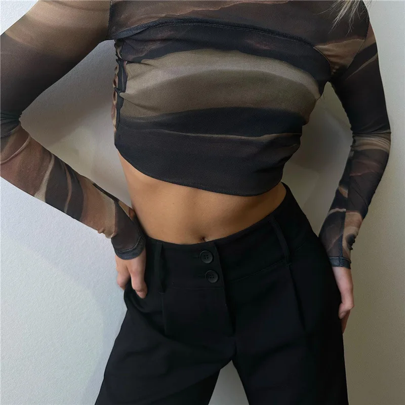 Oshfall Spicy Girl Autumn Round Neck Fashion Long Sleeved Mesh Print Sexy Open Back Short Women's Slim Fit Top