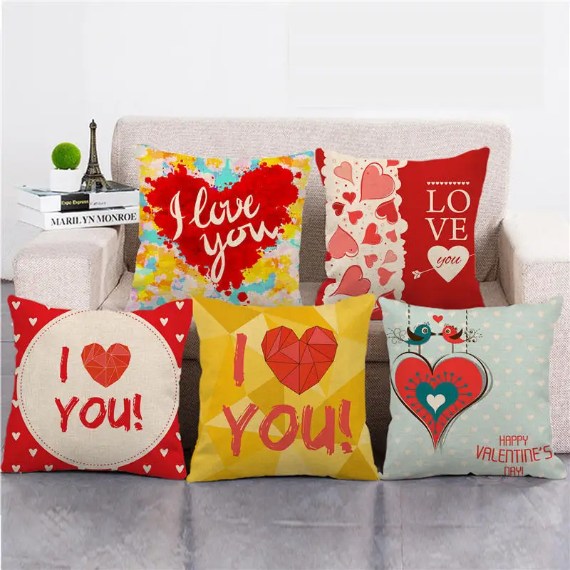 I Love You Pillow Case Red Heart Linen Pillowcases for Pillows Bed Sofa Bedroom Living Room Decoration Pillow Cover 45x45cm