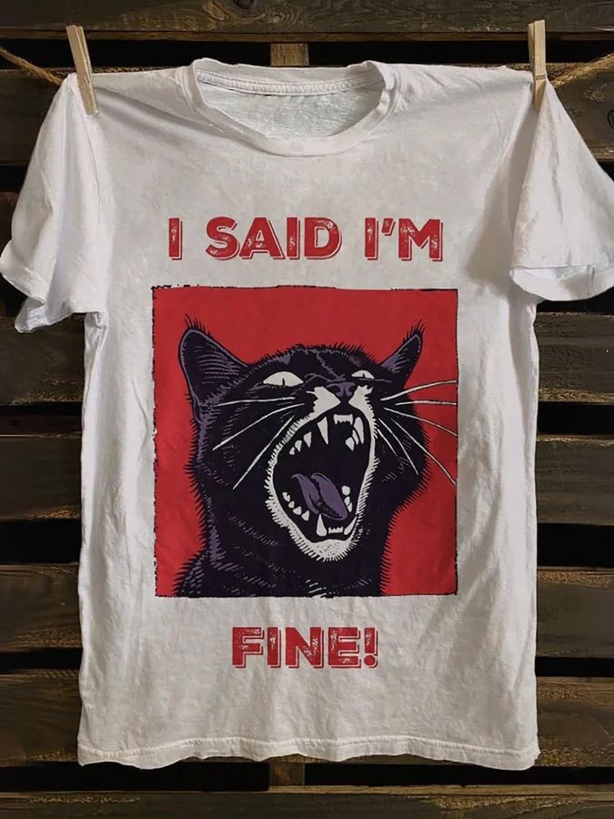 Women's Y2K Streetwear T-Shirt Cotton Black Cat Print and I SAID I'M FINE! Slogan White Casual Short Sleeve Round Neck Tee