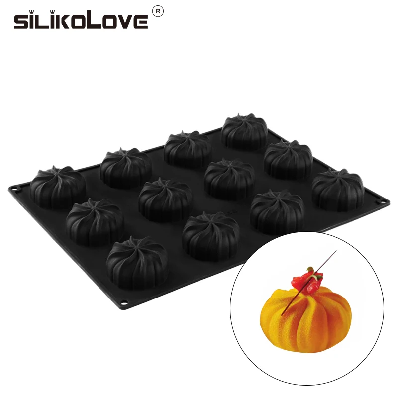 SILIKOLOVE-Molde de silicona para hornear pasteles de calabaza en espiral de 12 cavidades, moldes para Holloween, Mousse, pudín, pasteles, Brownie, molde para postres