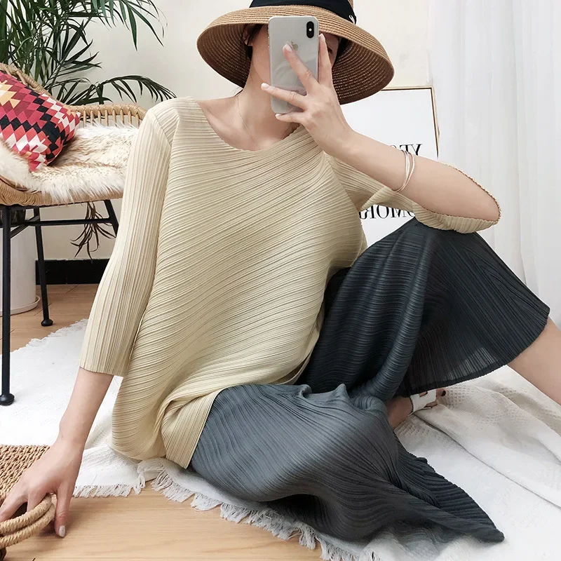 ALSEY Miyake Pleated Loose Casual Long Sleeve T-shirt for Women Spring Summer New Korean Simple Fashion Tops Aesthetic Clothes