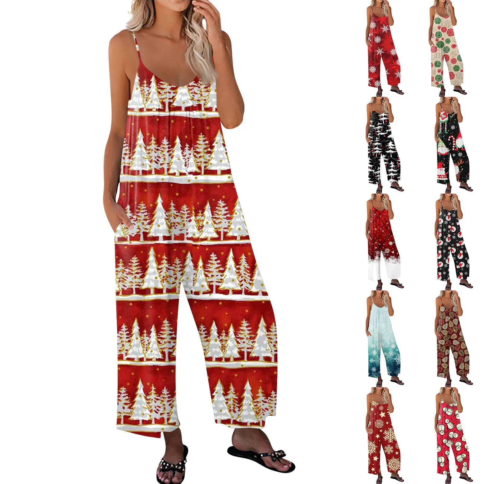 Women\'s Christmas Printed Jumpsuit Casual Loose Adjustable Suspender Jumpsuit Loose Versatile Sling Rompers Wide Leg Adjustable