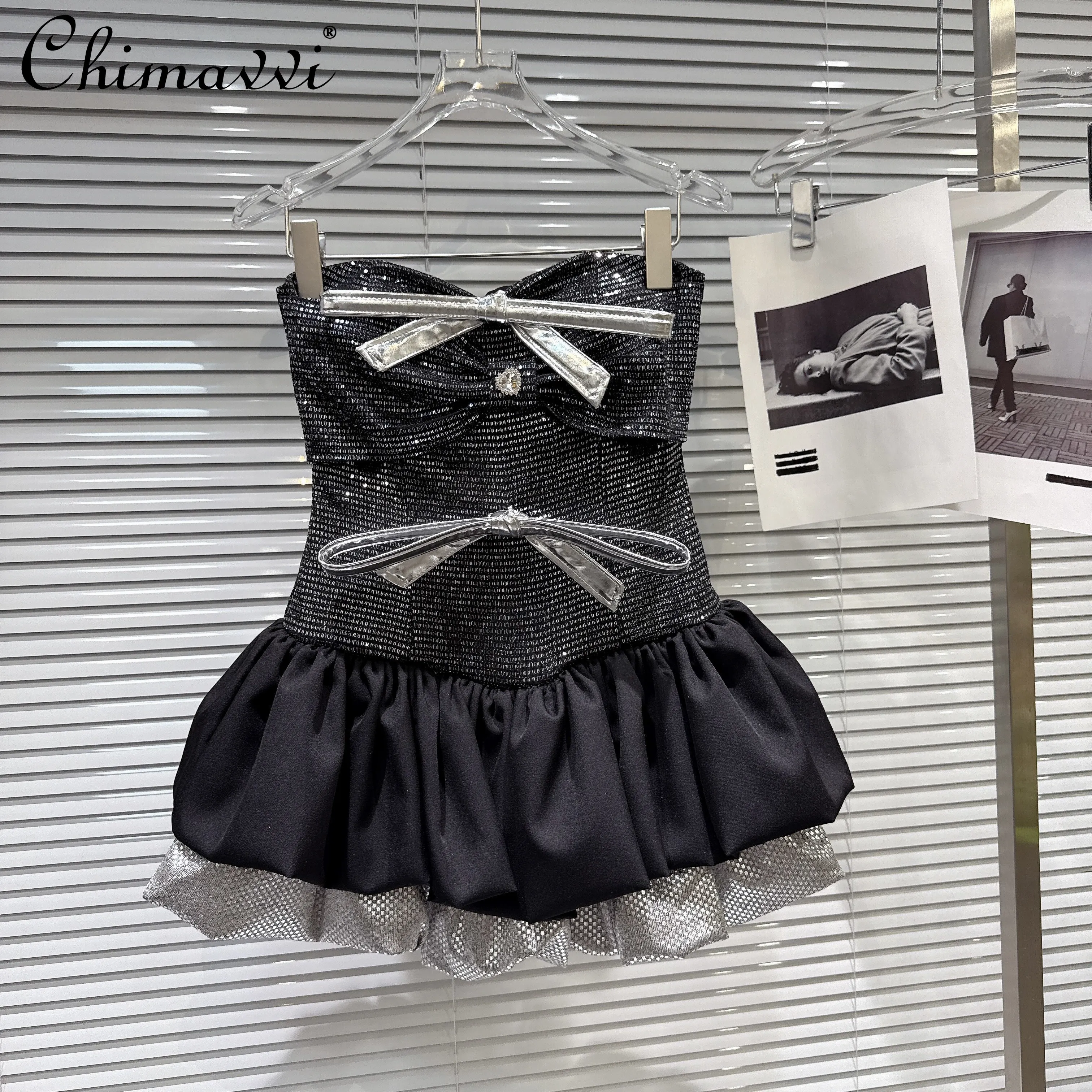 

2026 Spring French Elegant Sweet Socialite Bow Patchwork Shiny Strapless Dress High Waist Puff Dress Short Party Dress for Women