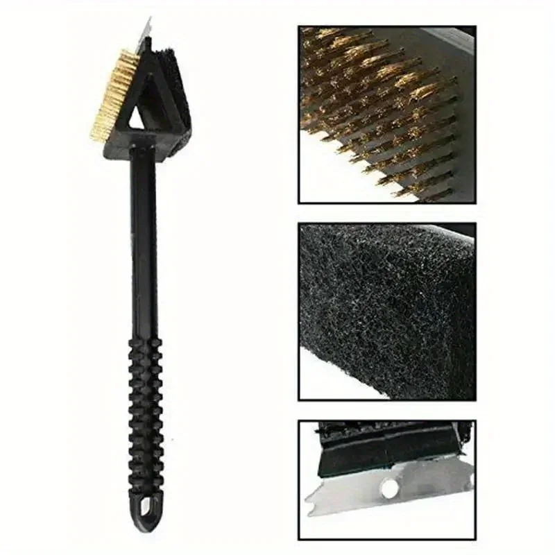 

1pc 3 In 1 Corner Copper Wire Brush Barbecue Grill Oven Cleaning Bbq Brush Copper Wire Sponge Shovel Long Handle Barbecue Knife