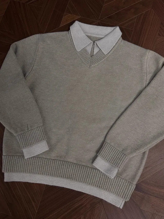 الأمريكية الرجعية الخامس ني طوق تريكو الرجال Sle الخريف الشتاء كلينفيت الراقية الشعور وهمية قطعتين محبوك سترة معطف #2