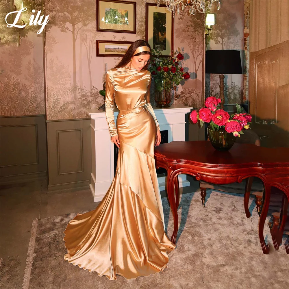 Lily Gold Long Sleeve Prom Dress High Neck Celebrity Dress Tiered Fishtail Sweep Train Women's Evening Dress for Gala Customized
