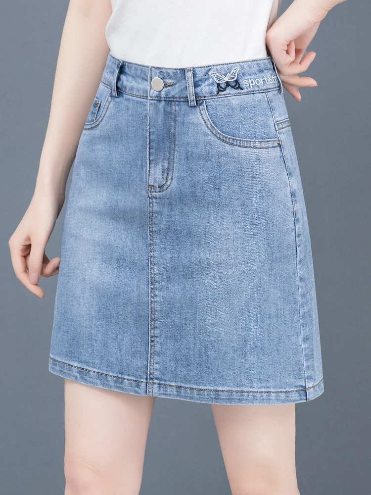 

High Waist Slim Fit A-Line Skirt Women's Summer Thin Embroidered Denim Short Skirts Korean Style Breathable Skin-Friendly