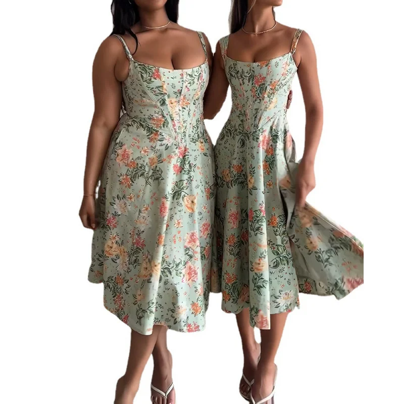 Verão novo elegante cintura-concha emagrecimento vestido longo floral cinta vestido feminino