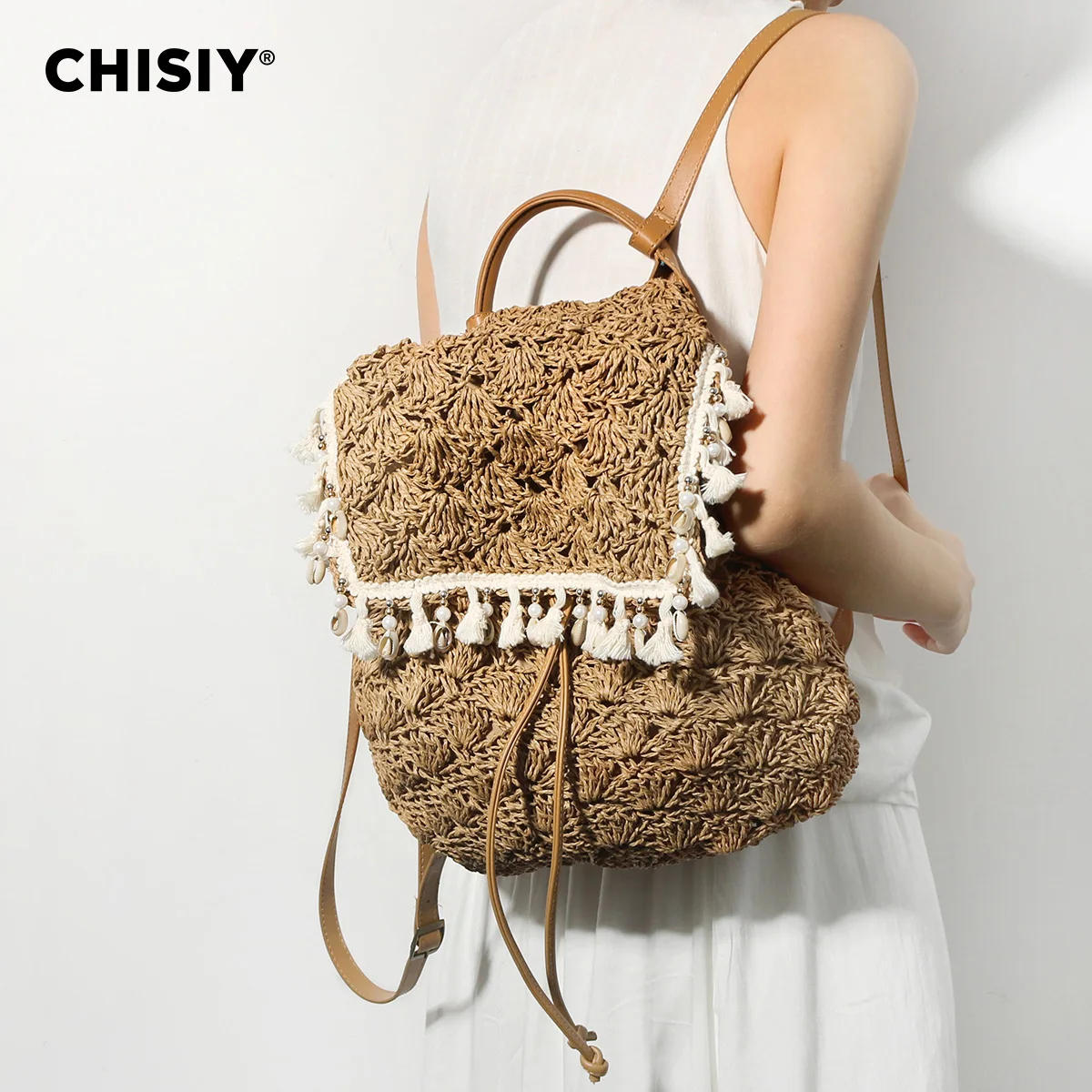 CHISIY Original Handmade Fashion Summer Forest Grass Weaving Large Capacity Beach Travel Shopping Backpack