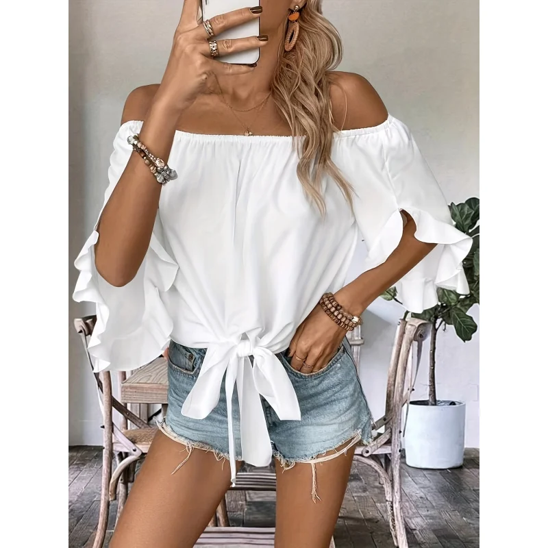 

Women's Fashionable and Elegant Elastic Off-shoulder Top with Flared Cuffs and Tie-up Hem Short-sleeve Shirt