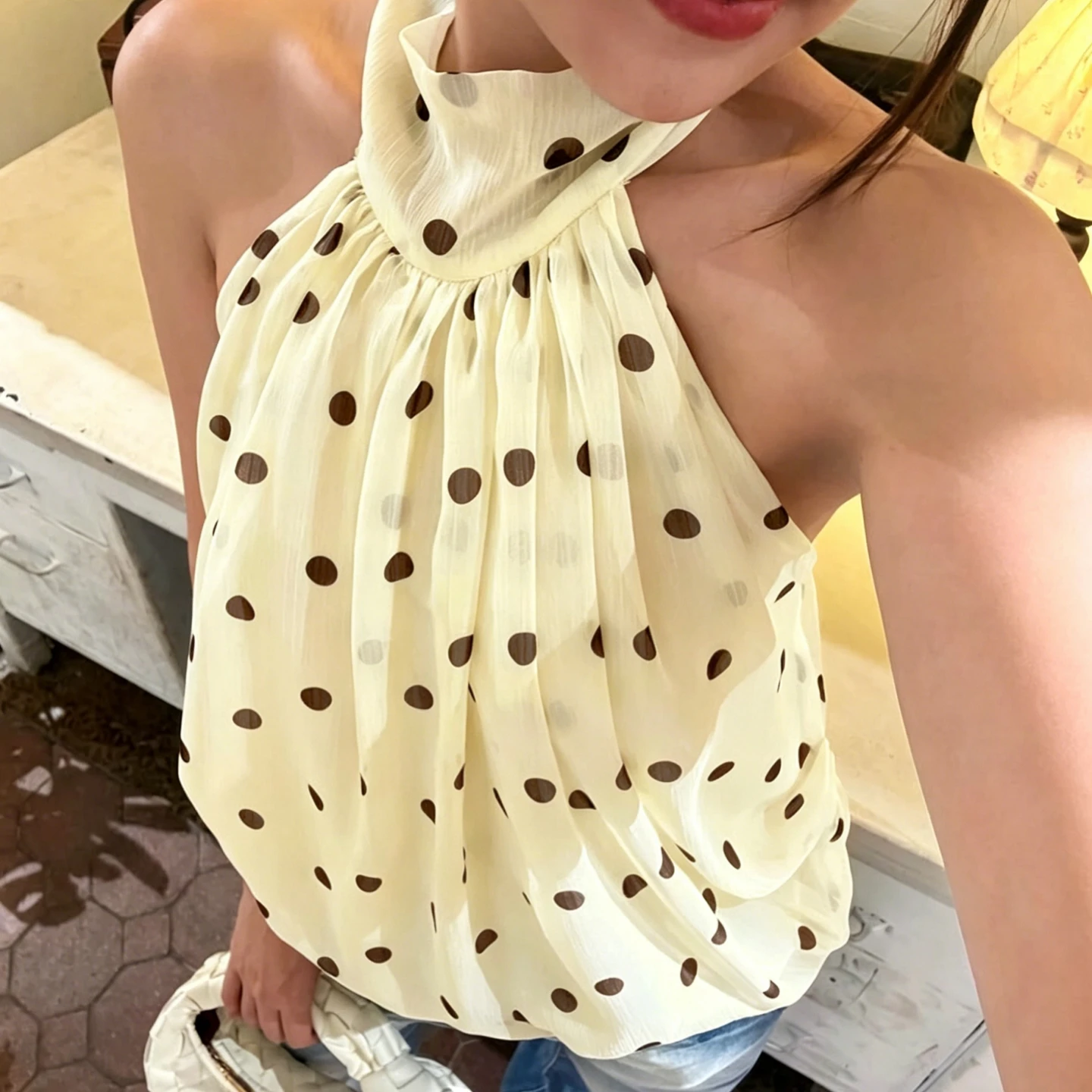 Hugcitar Chiffon-Neckholder-Top mit Polka-Dot-Print, rückenfrei, mit Schnürung, sexy, durchsichtig, Crop-Tank-Top, Damenmode, Kleidung, Strandurlaub – Detail 27