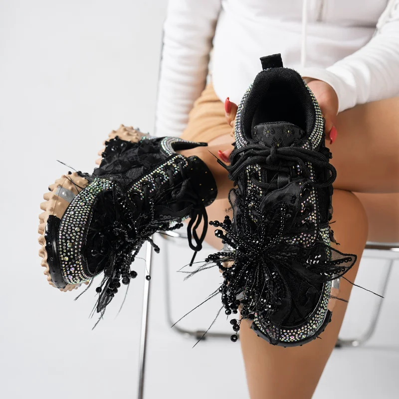 

Women Rhinestone Luxury Sneakers Casual Female Mesh Lace Up Bling Platform Comfortable Vulcanized Shoes 2026 Soft Running Shoes