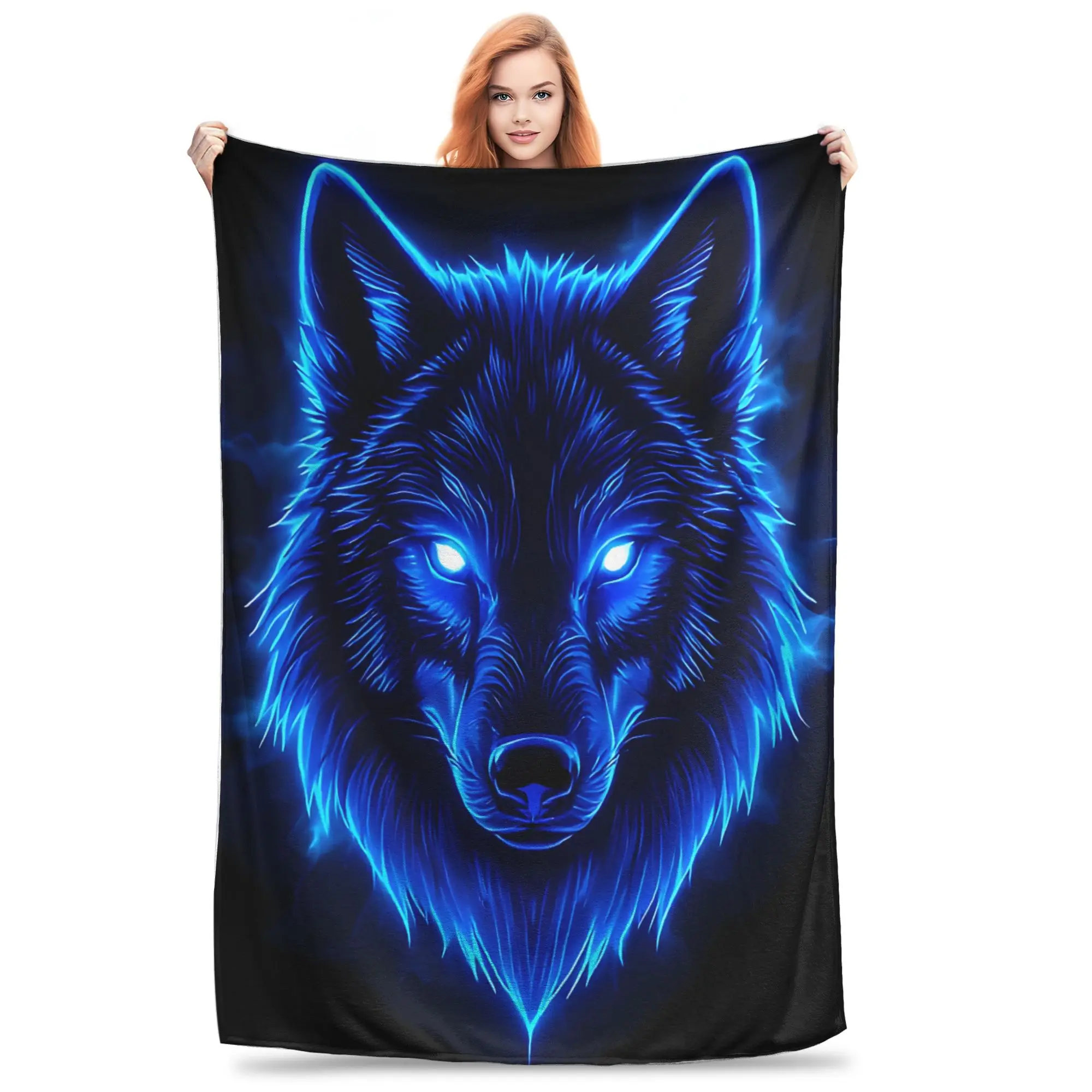 1PC Electric Blue Neon Wolf Dark Aesthetic  home room decorations Winter Blankets for Adults Bedding Home Interior Sofa Knee