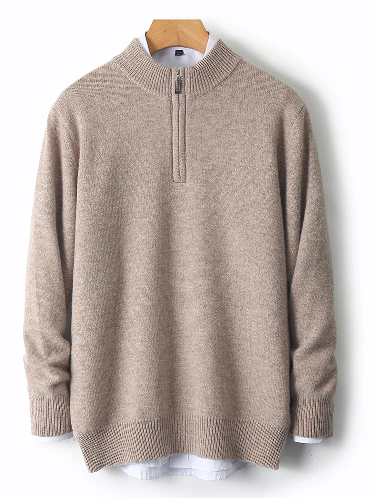 Autumn Winter Men's Mock Neck Pullover 100% Merino Wool Knitted Sweater Turn-Down Collared Zipper Casual Loose Warm Clothes