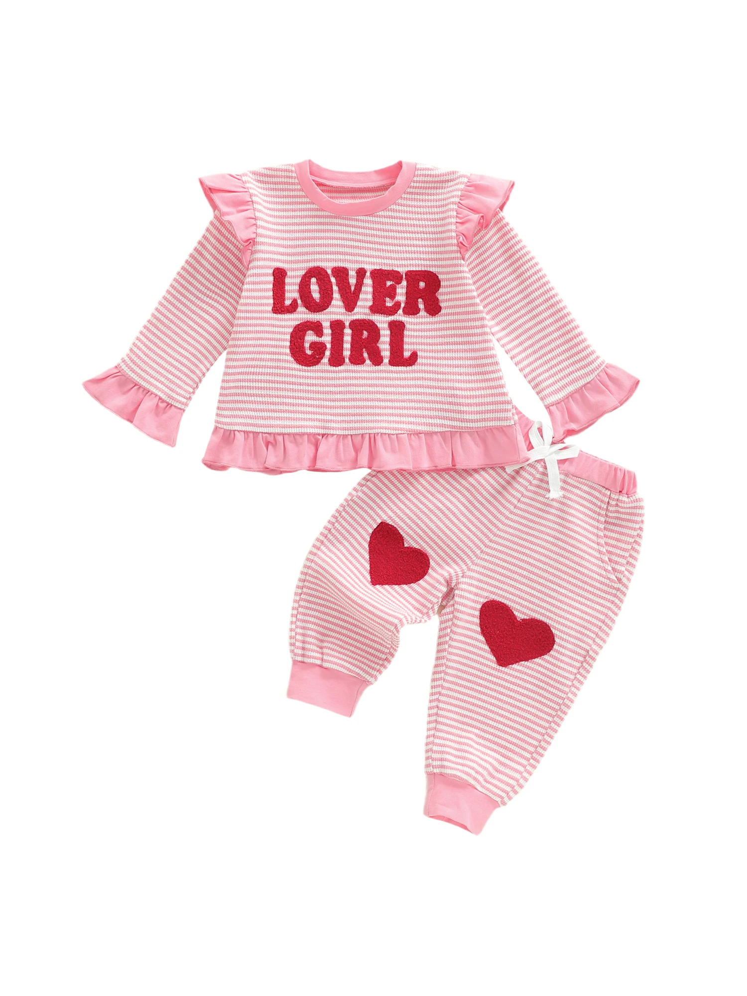 طقم ملابس للفتيات لعيد الحب بأكمام طويلة ورقبة دائرية مع حروف مطرزة وسروال برباط مخطط #3
