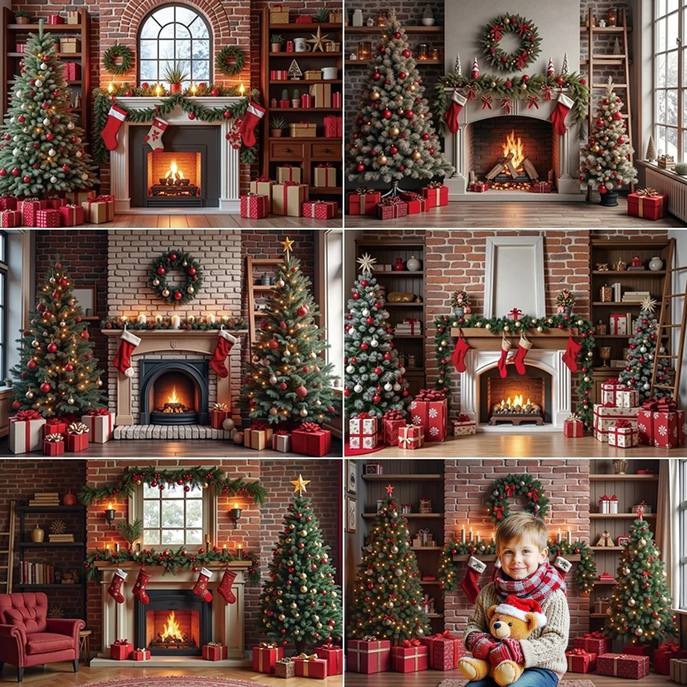 

MOON.QG 2025 Christmas Brick Fireplace Tree Backdrops Photography Wreath New Year Decor Backgrounds Children Photo Studio Props