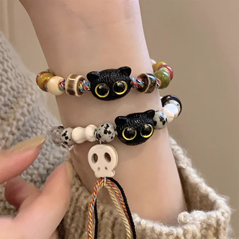 Y2K New Cute Cat Bracelet for Women Adjustable Black Rope Bracelets for Couple Friendship Unique Black Cat Bead Charm Bracelets