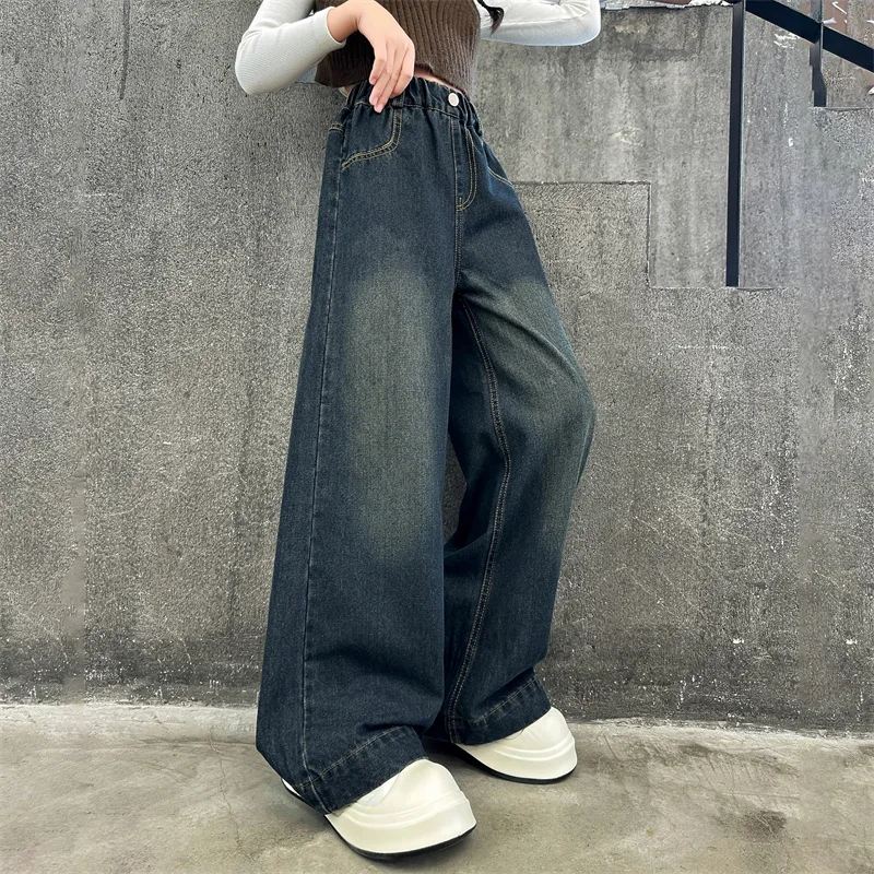 

Джинсы с широкими штанинами для девочек-подростков, повседневные модные черные джинсовые брюки в Корейском стиле ретро с эластичным поясом, весна-осень