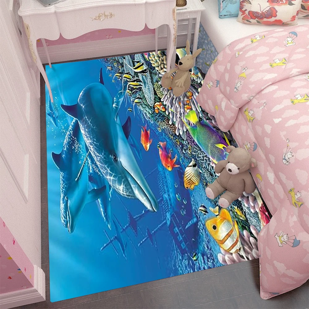 Dreamy Ocean Themed Large Carpet for Kids Bedroom Living Room Anti-slip Floor Rug Realistic Seabed Creatures Unique Home Decor
