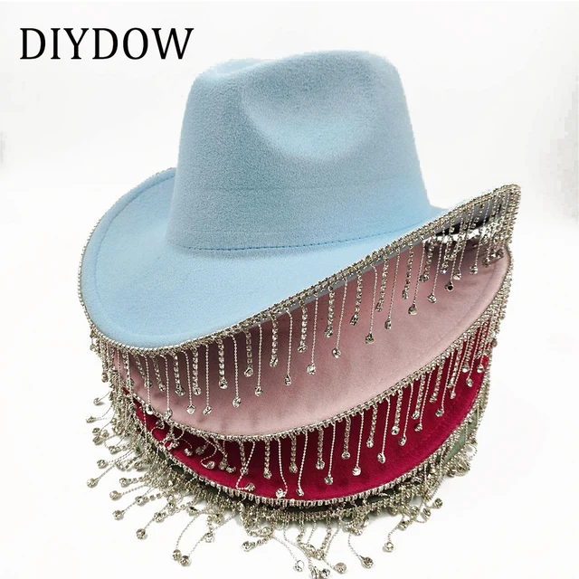 Kolorowe kapelusz kowbojski z kryształu górskiego frędzle wykończenia kapelusz Fedora kobiet mężczyzn na przyjęcie do czapki moda czapka jazzowa eleganckie kapelusz kowbojski