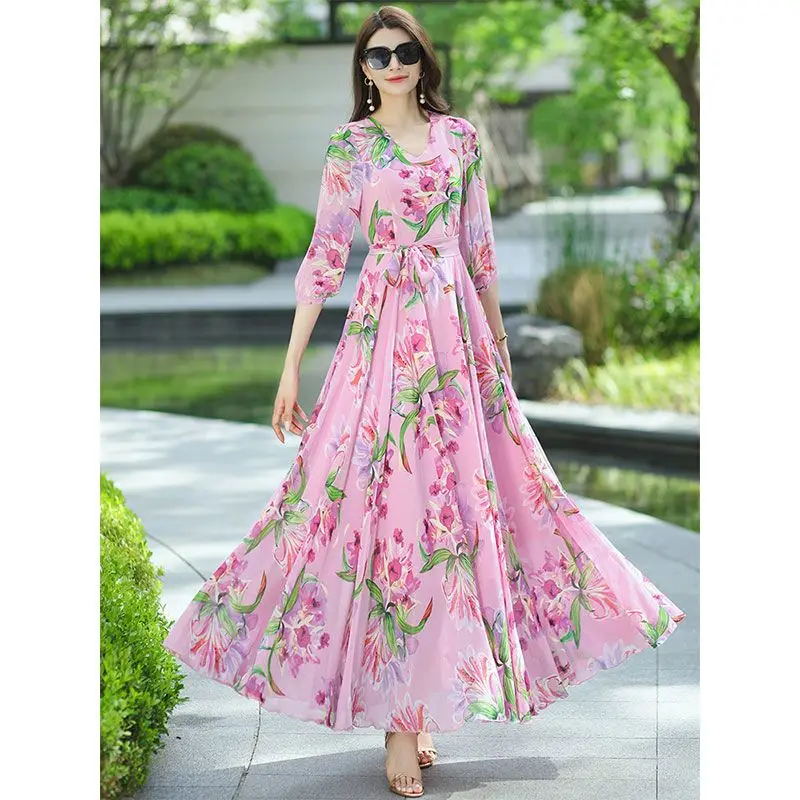 

Женское элегантное платье с V-образным вырезом, коротким рукавом и цветочным принтом, коллекция Весна-Лето 2026, модное повседневное платье с оборками, высококачественное праздничное платье S146