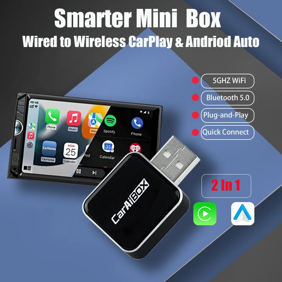 

Новый беспроводной адаптер CarPlay 2 в 1, беспроводной автомобильный адаптер Android Smart Mini Box WiFi BT5.0, подключи и работай для 98% транспортных средств