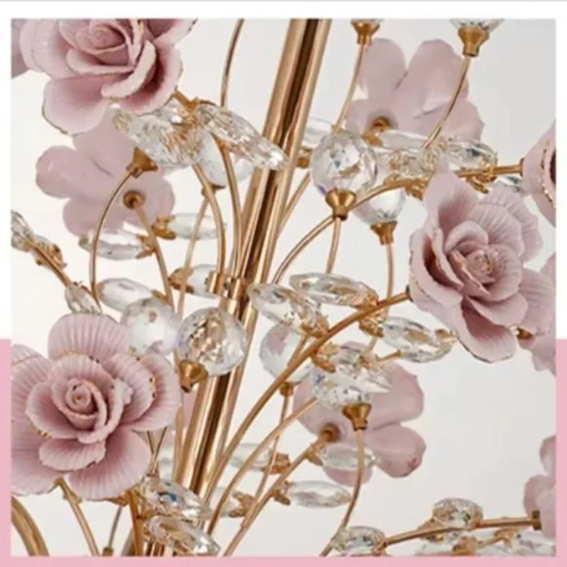 Crystal Bedroom Light Luxury Chandelier European Style Branch Peach Powder Ceramic Lantern Court Rose Decorative Lamp