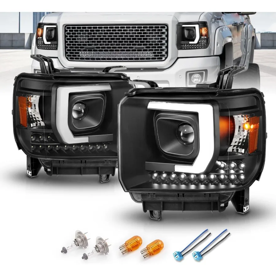 

For 20142016 GMC Sierra 1500 2500HD 3500HD Halogen Type LED Bar Projector Black Headlights Assembly Pair Designed for Enhanced