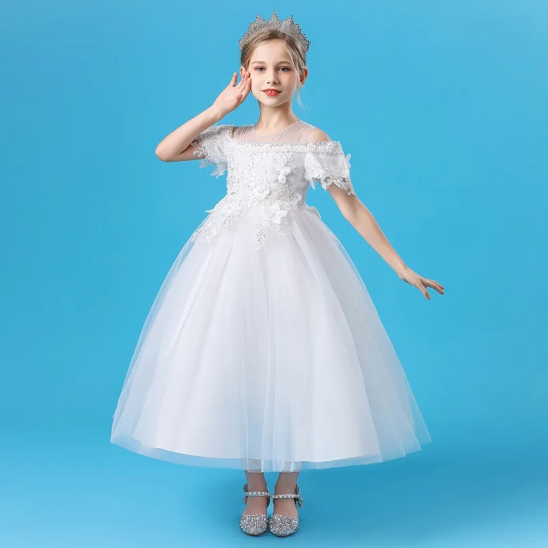 

Xmas White Bridesmaid Dresses Birthday Princess Wedding Party Dress For Girls Kids Clothes Lace Embroidery Flower Girl Dress