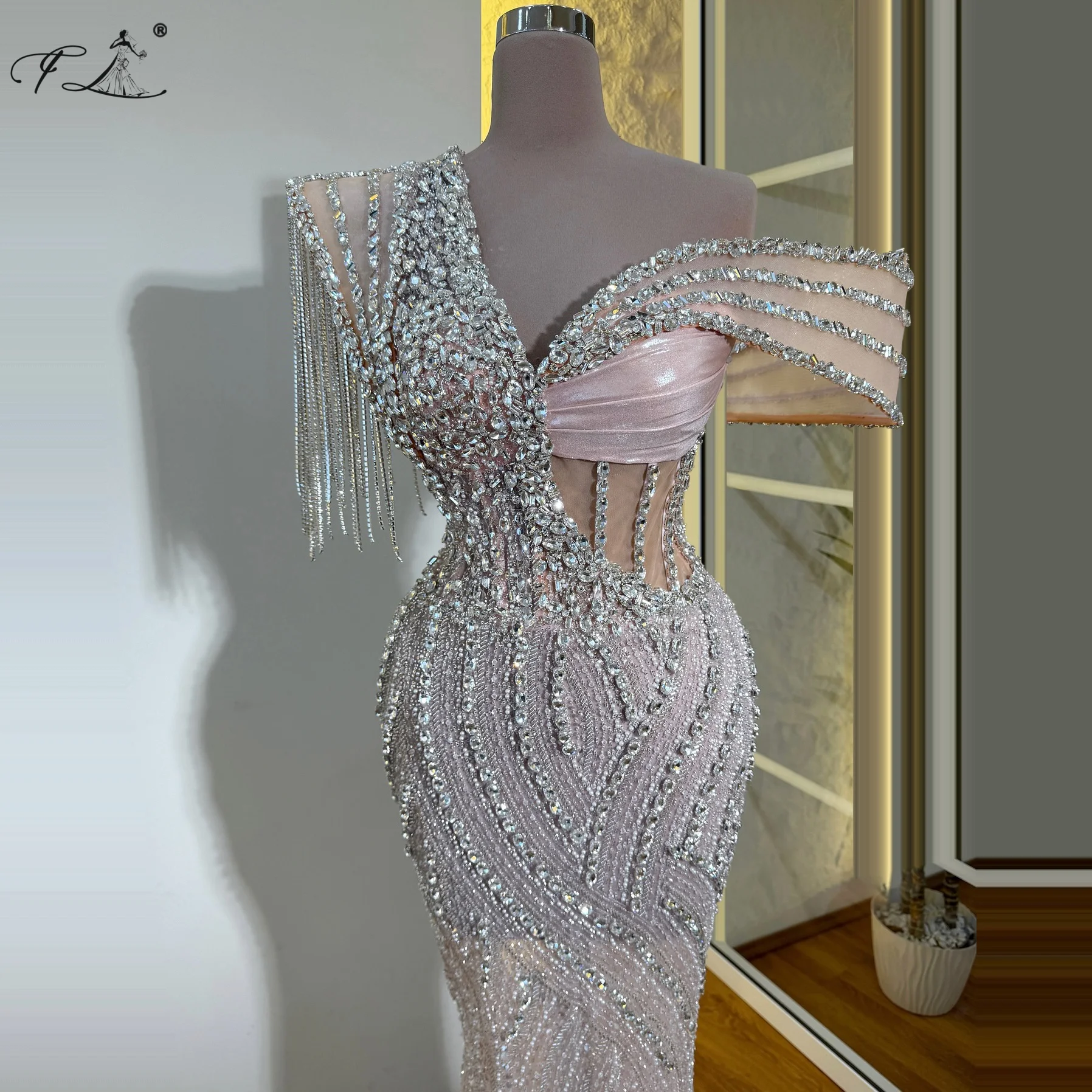 

Luxury Crystal Tassel Evening Dress Pale Pink Party Dress Glitter Sequin Mermaid Dress Irregular Shoulder Sheer Illusion Dress