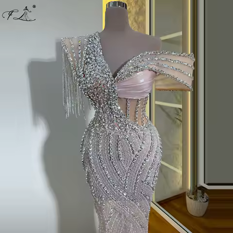 Luxury Crystal Tassel Evening Dress Pale Pink Party Dress Glitter Sequin Mermaid Dress Irregular Shoulder Sheer Illusion Dress