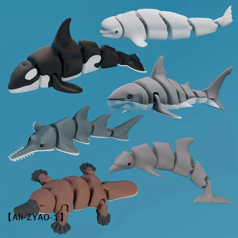 【O】Flexible Joint Simulation Marine Animal Ornament 3D Printed, Shark Killer Whale Figurine Home Decor Gift for Family Friends
