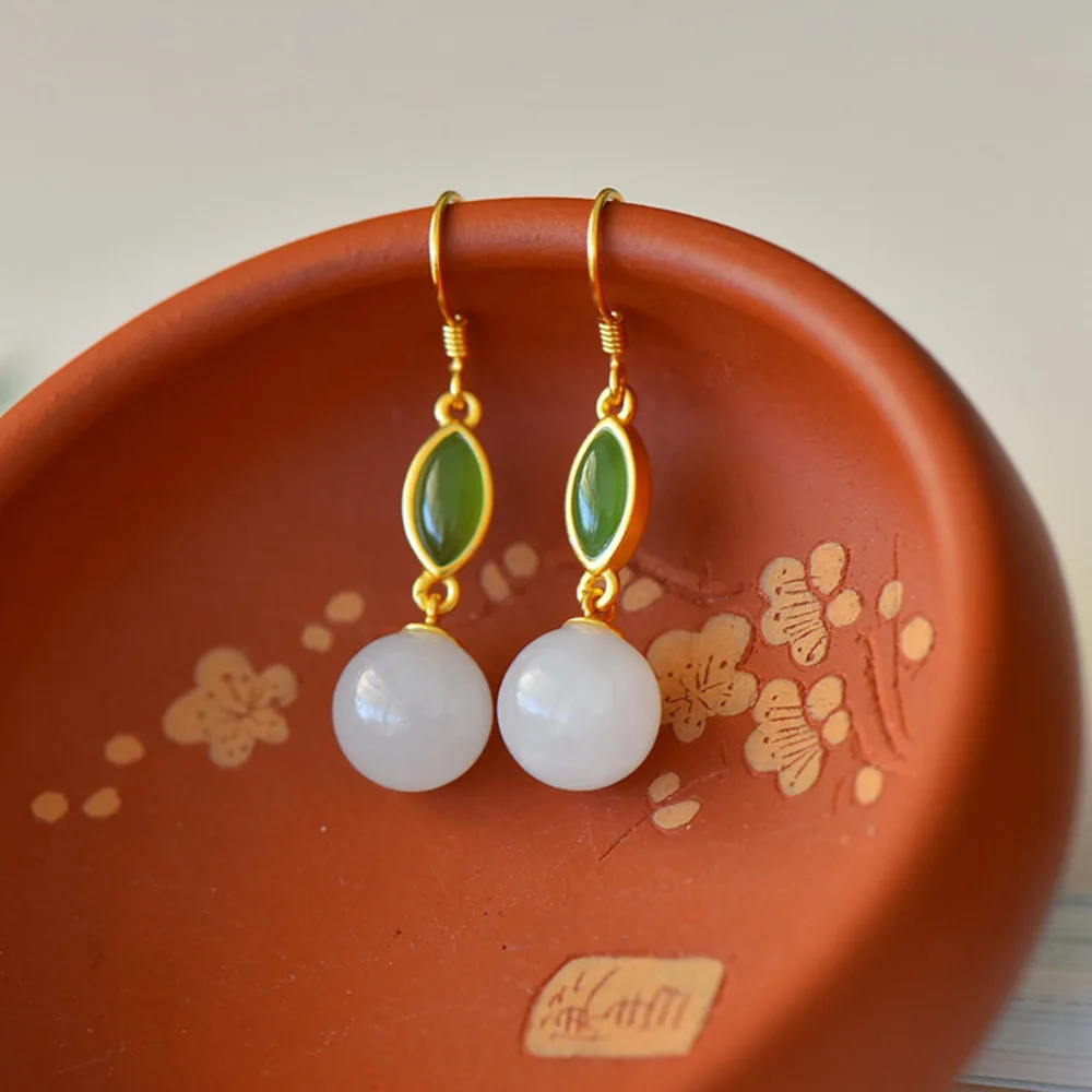 

GL Hetian Jade Beads Earrings, Literary and Retro Qipao Hanfu Earrings, Pure Silver Natural Jade Ear Decor