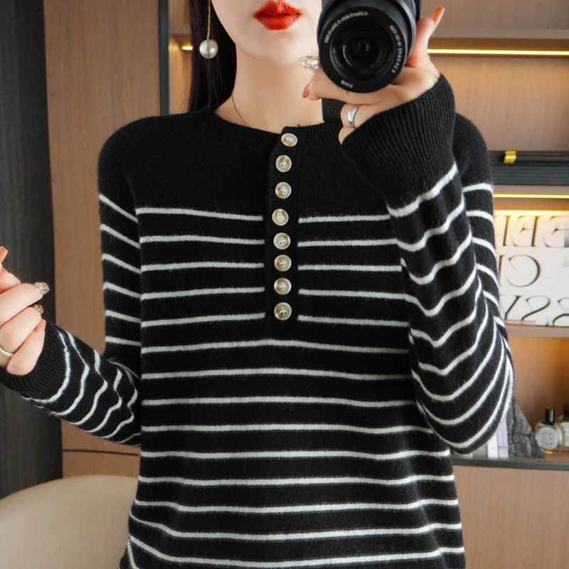 Women Sweater Autumn Winter O-neck Cotton Warm Loose Striped Buttons Long Sleeve Bottoming Shirt Casual Korean Pullovers Jumpers
