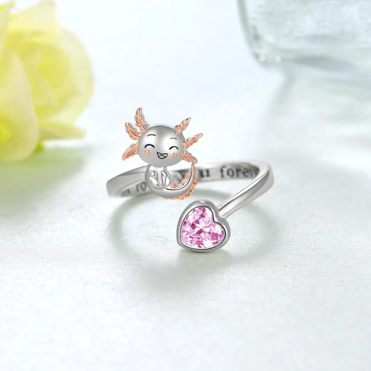 1Pc Cute Axolotl Pink Artificial Crystal Open Ring Exquisite Women's Cartoon Animal Jewelry Girl Party Decoration Perfect Gift