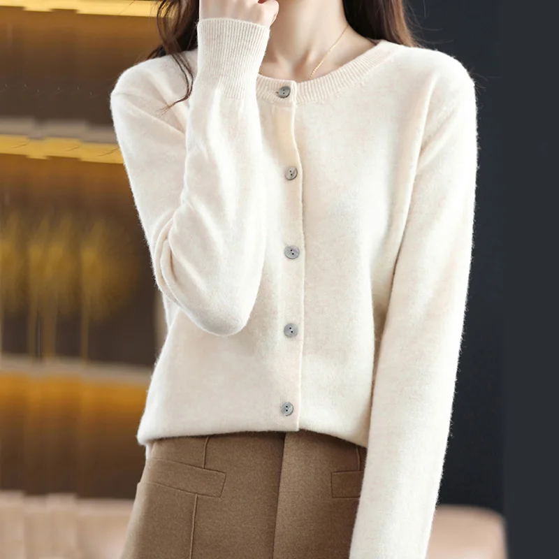 Women Fashion New Sweater Cardigans Autumn Soft Single Buttons O-neck Open Stitch Solid Basics Fine yarn Outwear knitted Coat