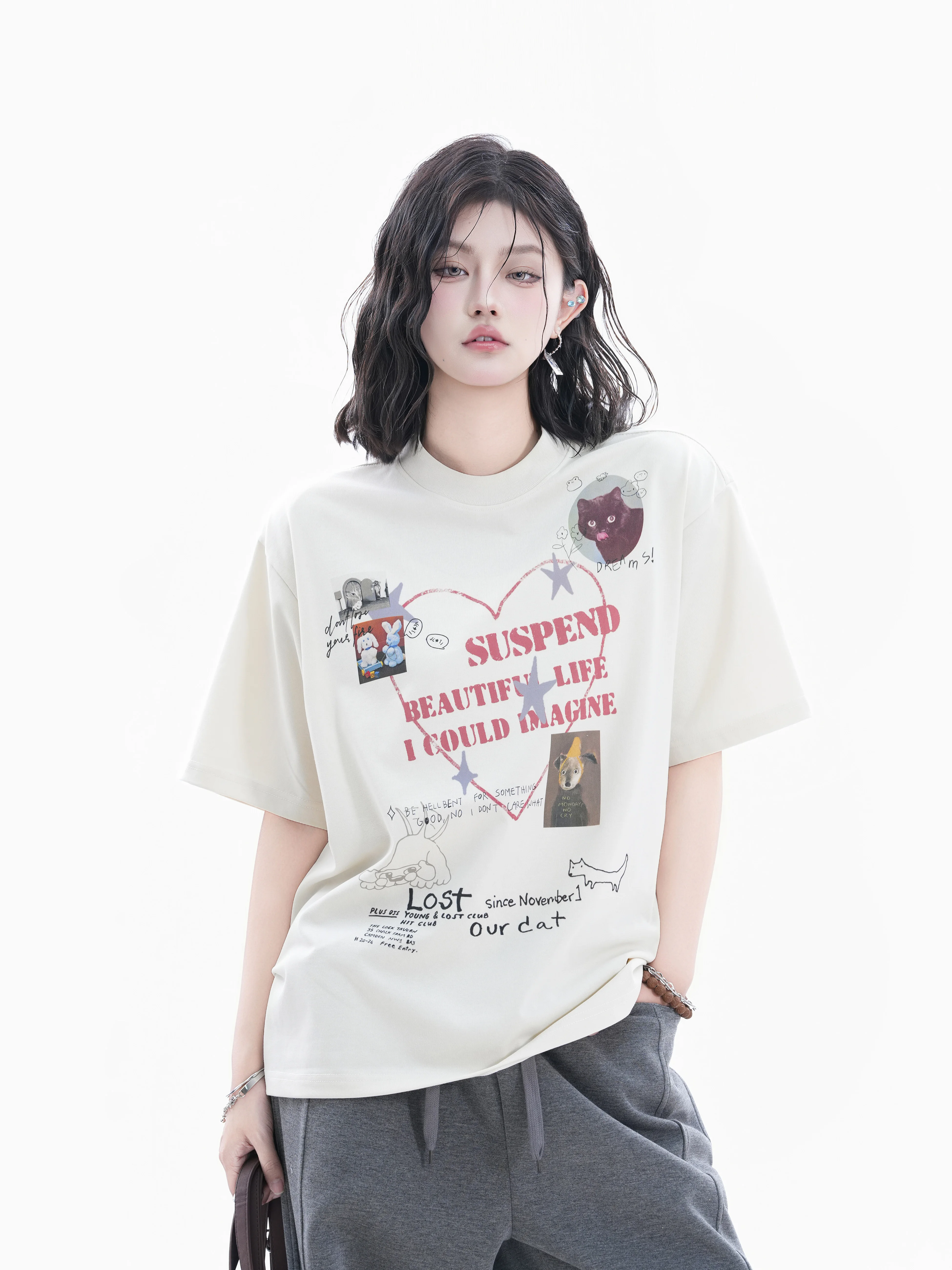 

Retro American Heart Graffiti Print Loose Women's Cotton T-shirt Short Sleeve Comfortable Breathable Casual round Neck Top