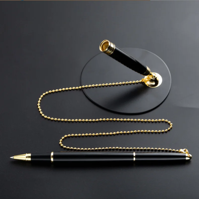 1Pcs Classic Metal Ballpoint Pen Secure Chain Attached Base Stand Desk Office Counter Signature Pens Stationery Gift